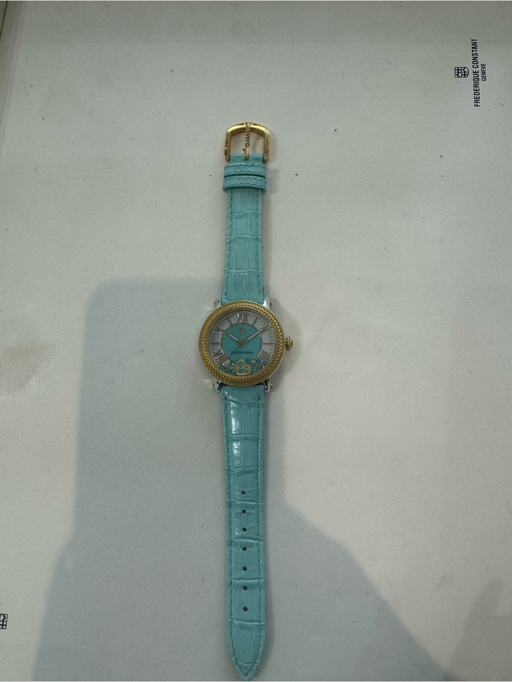 New Judith Ripka Oasis Cushion Case Turquoise Leather Diamonique Watch